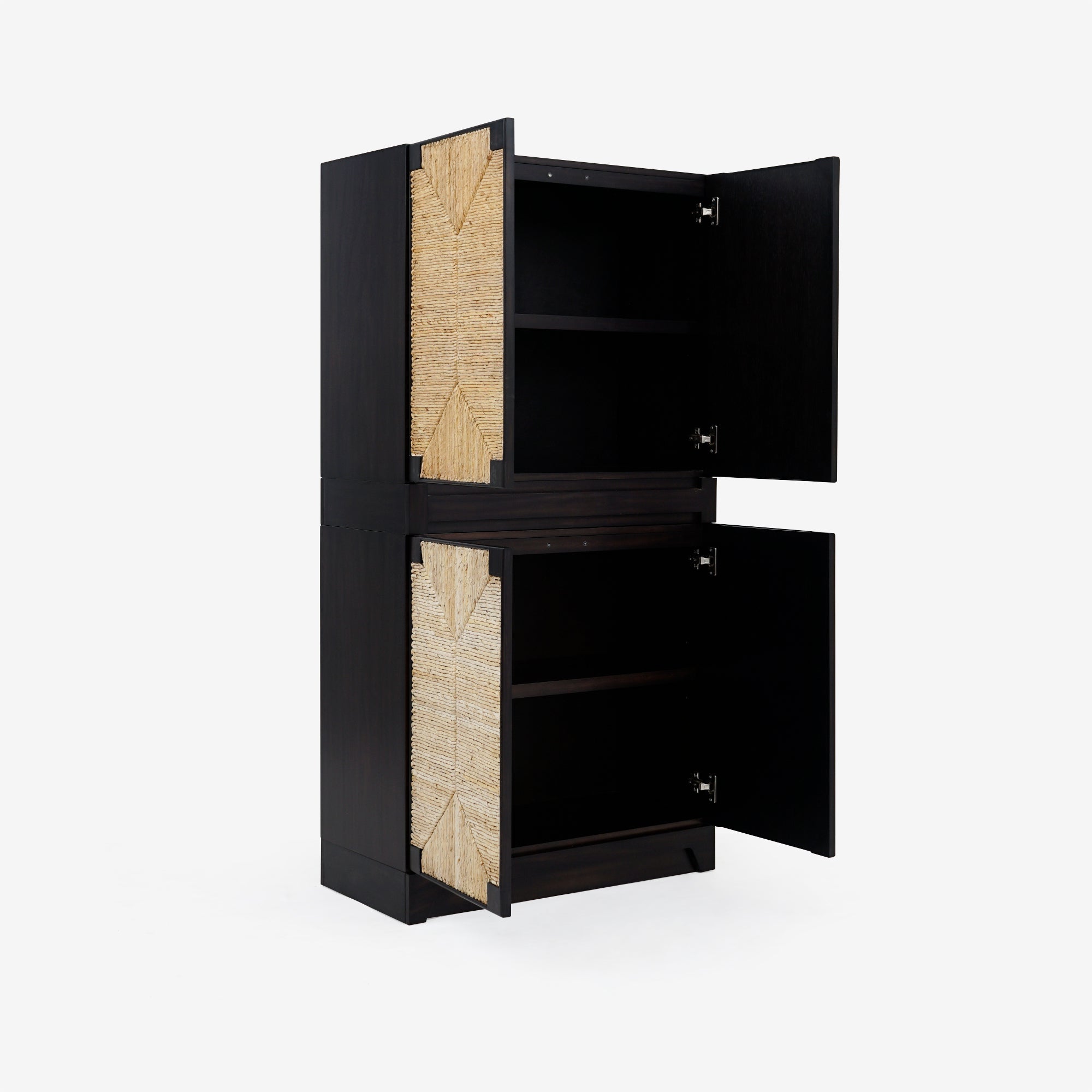 Set of 2 Black cabinet with open doors revealing wooden interior