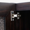 Close-up of a wooden cabinet with a hinge