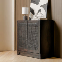 Wooden cabinet with wicker door design in a room setting