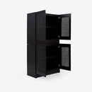 Angled view set of 2 Black Liora 31.5 Rattan Modular Cabinet door opened
