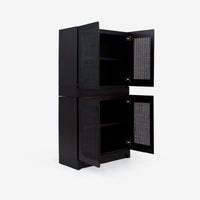 Angled view set of 2 Black Liora 31.5 Rattan Modular Cabinet door opened