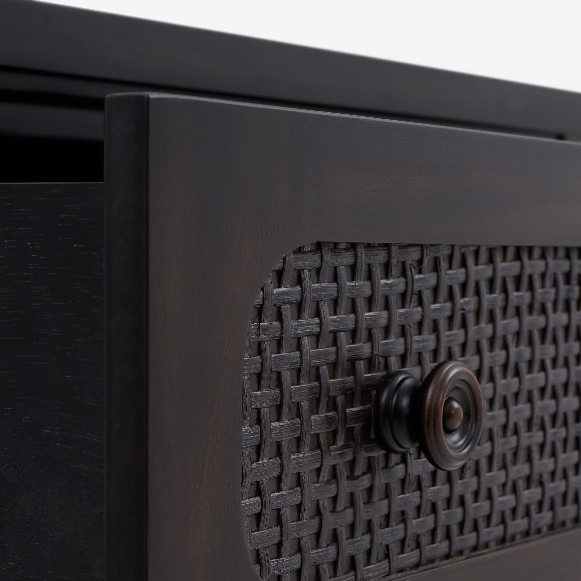 Detail Front Black Lurian 3 Drawer Rattan Dresser