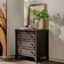 Wooden nightstand with wicker drawers, framed artwork, and plant in a room.