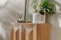 Natural Averi Modular Cabinet  with decorative items and a plant in a room.