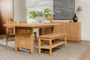 Wooden dining set with table, chairs, and bench in a room setting.